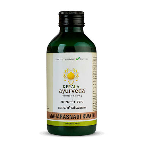 Front view of a dark green glass bottle of Kerala Ayurveda Maharasnadi Kwath, with a cream-colored label displaying the product name in English and Malayalam script, along with the Kerala Ayurveda logo. – Kerala Ayurveda India