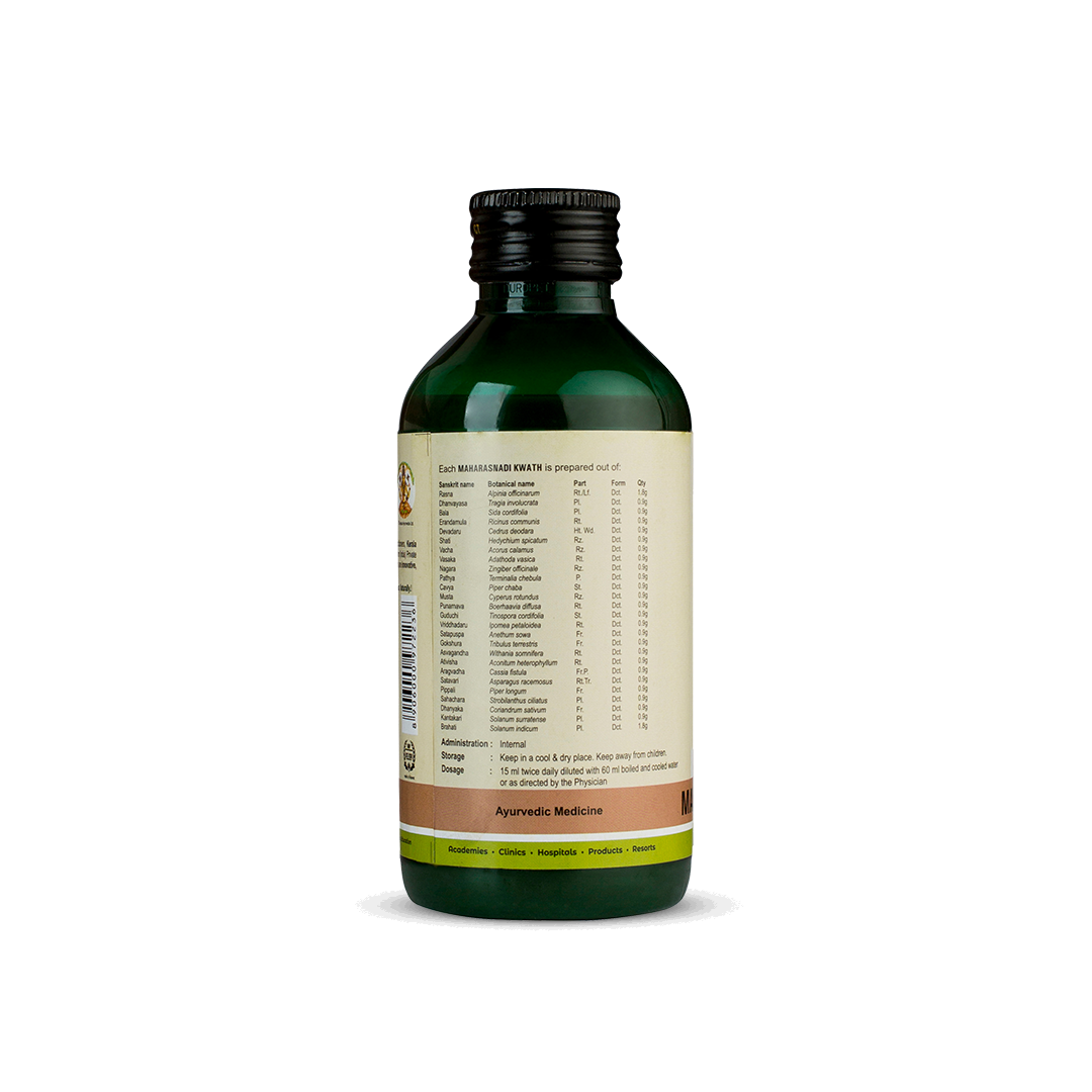 Side view of the dark green glass bottle of Kerala Ayurveda Maharasnadi Kwath, showing a detailed list of ingredients prepared per 15 ml, and administration, dosage (15 ml twice daily diluted with 60 ml water), and storage instructions. – Kerala Ayurveda India