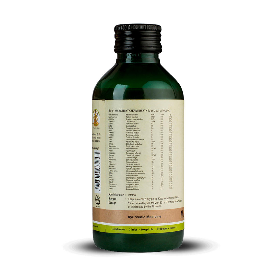 Side view of the dark green glass bottle of Kerala Ayurveda Mahathikthakam Kwath, showing a detailed list of ingredients prepared per 15 ml, including Sanskrit name, botanical name, part, form, and quantity. Administration, dosage (15 ml twice daily diluted with 60 ml water), and storage instructions are also visible. – Kerala Ayurveda India