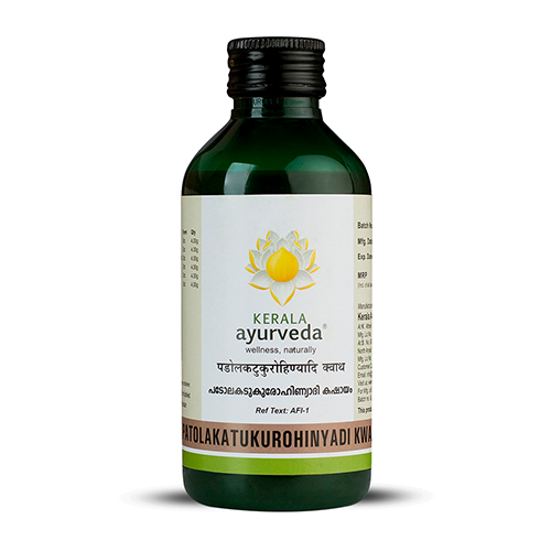 Front view of a dark green glass bottle of Kerala Ayurveda Patolakatukurohinyadi Kwath, with a cream-colored label displaying the product name in English and Malayalam script, along with the Kerala Ayurveda logo. – Kerala Ayurveda India