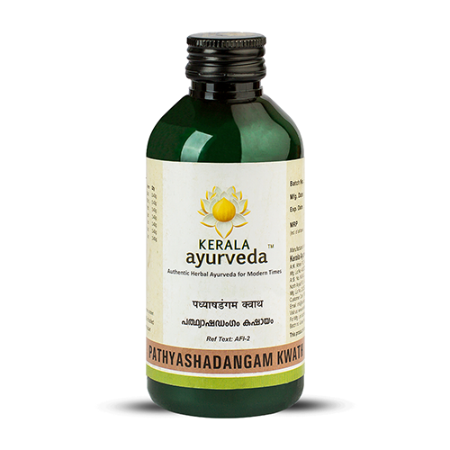 Front view of a dark green glass bottle of Kerala Ayurveda Pathyashadangam Kwath, with a cream-colored label displaying the product name in English and Malayalam script, along with the Kerala Ayurveda logo. – Kerala Ayurveda India