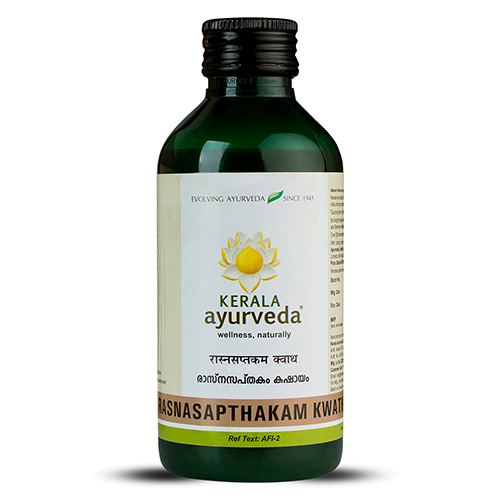 Front view of a dark green glass bottle of Kerala Ayurveda Rasnasapthakam Kwath, with a cream-colored label displaying the product name in English and Malayalam script, along with the Kerala Ayurveda logo. – Kerala Ayurveda India