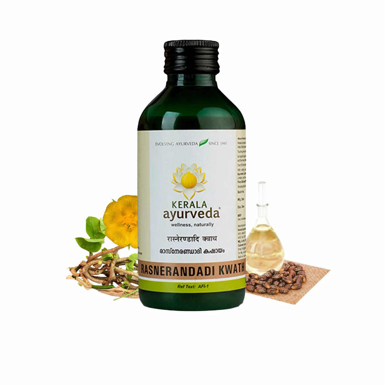Front view of a dark green glass bottle of Kerala Ayurveda Rasnerandadi Kwath, with a cream-colored label displaying the product name in English and Malayalam script. It is surrounded by a yellow flower, dried roots, and a small vial of oil on a piece of burlap. – Kerala Ayurveda India