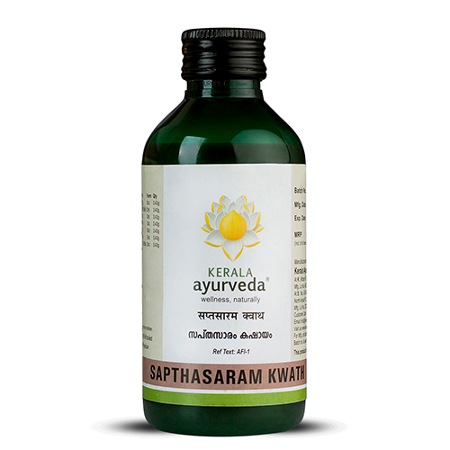 Front view of a dark green glass bottle of Kerala Ayurveda Sapthasaram Kwath, featuring the product name in English and Malayalam script with the brand logo. – Kerala Ayurveda India