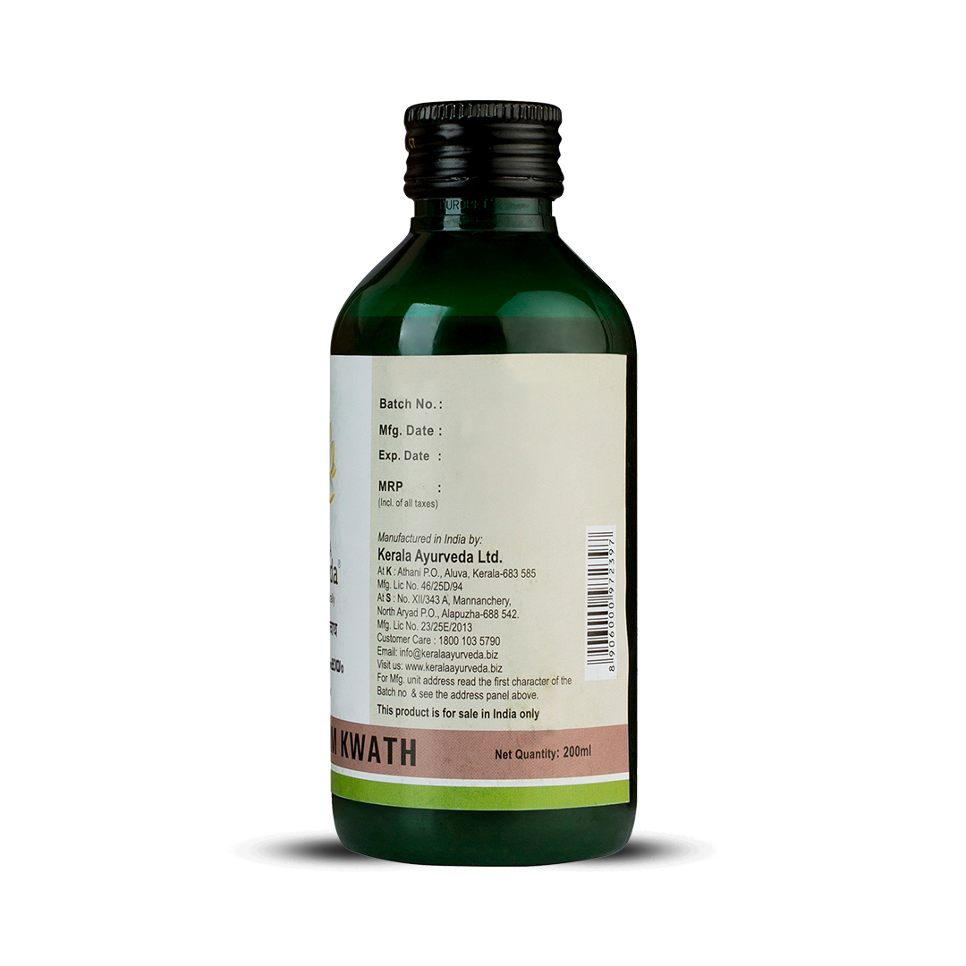 Back view of the dark green glass bottle of Kerala Ayurveda Sapthasaram Kwath, displaying the net quantity of 200ml, manufacturing details, and customer care information. – Kerala Ayurveda India