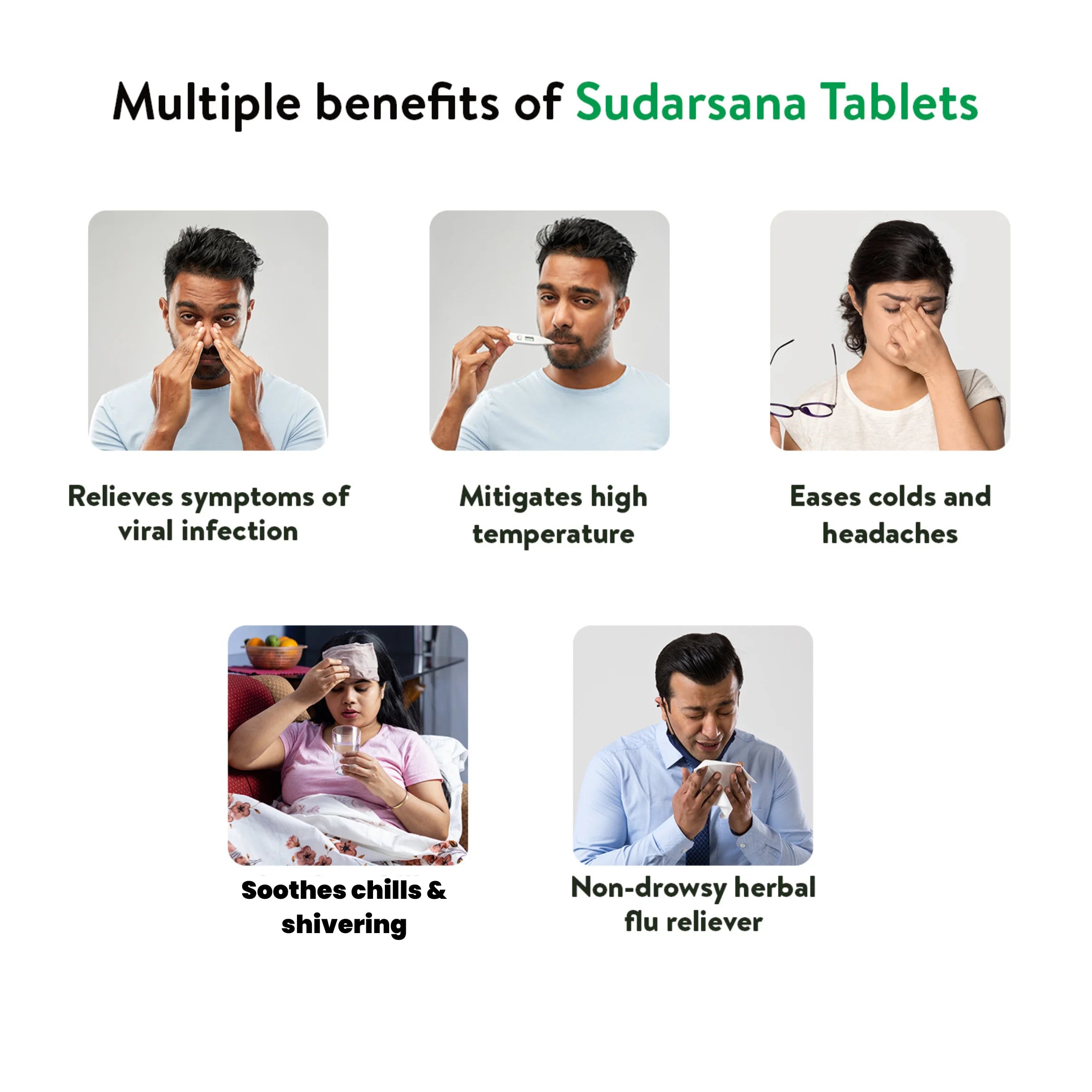 Five small lifestyle shots illustrating how sudarsana tablet relieves viral infection symptoms, lowers high temperature, eases colds & headaches, soothes chills and offers non-drowsy herbal flu relief – Kerala Ayurveda India