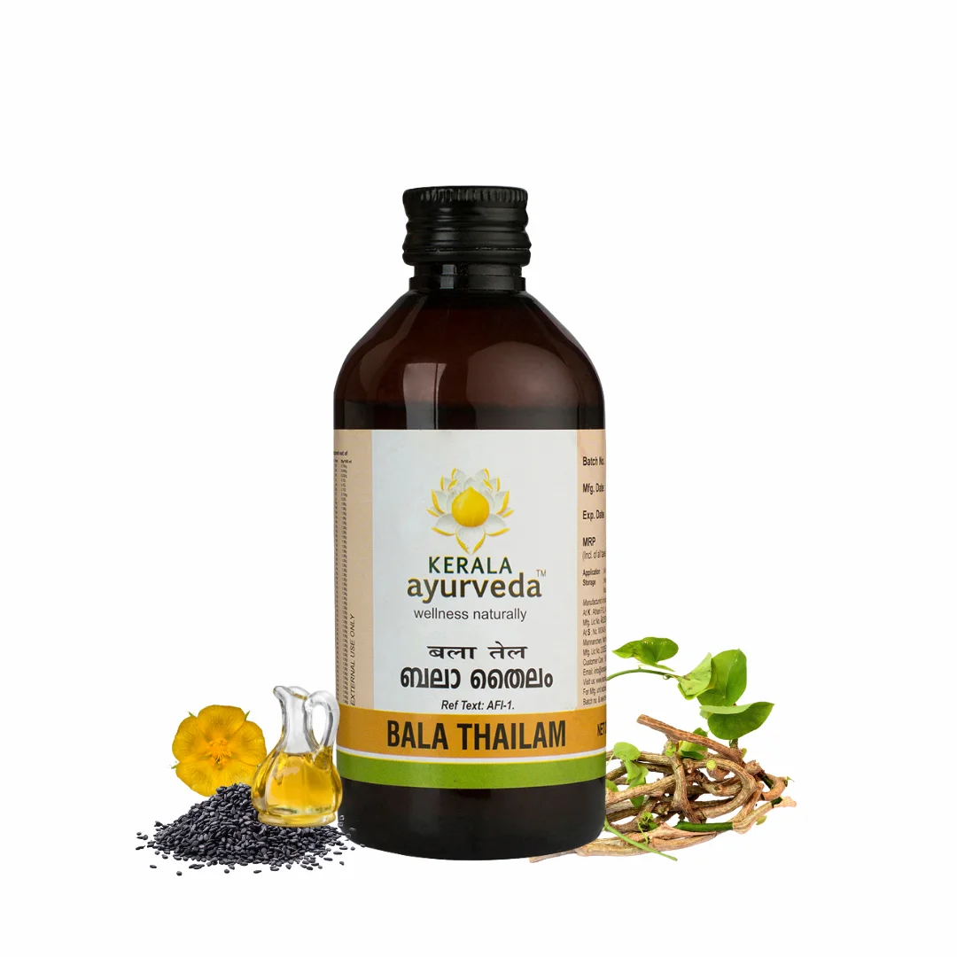 Front view of a 200ml dark brown glass bottle of Kerala Ayurveda Bala Thailam, with the product name in English and Malayalam, surrounded by herbs like Bala flower, Guduchi roots, and sesame seeds with oil. – Kerala Ayurveda India