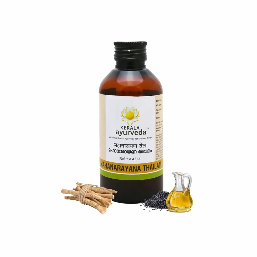 Front view of a 200ml dark brown glass bottle of Kerala Ayurveda Mahanarayana Thailam, with the product name in English and Malayalam, surrounded by Shatavari roots and sesame oil. – Kerala Ayurveda India