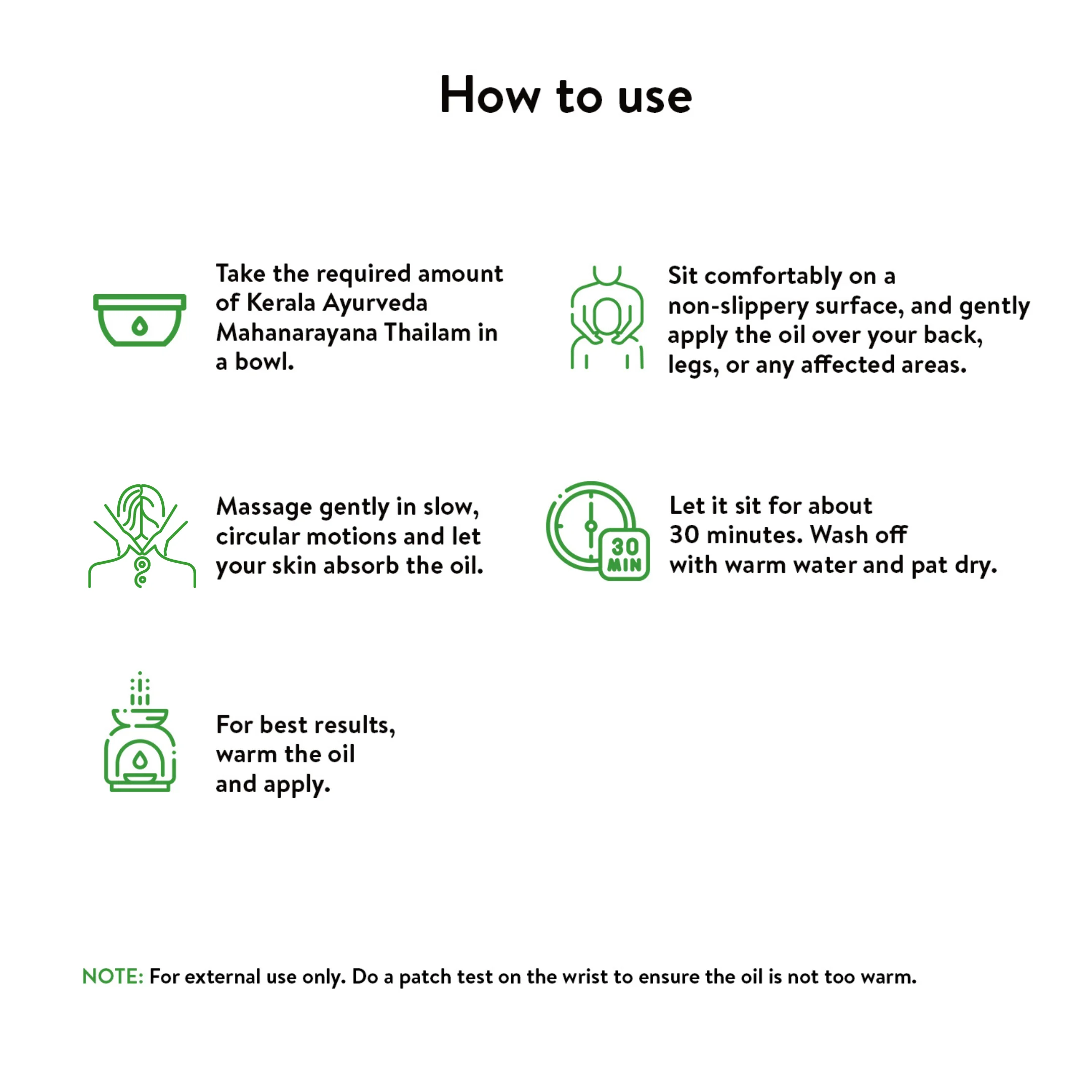 Banner titled "How to use" Mahanarayana Thailam, providing instructions to take the oil in a bowl, apply to affected areas, massage gently, let it sit for 30 minutes, and wash off. It also notes external use and patch test. – Kerala Ayurveda India