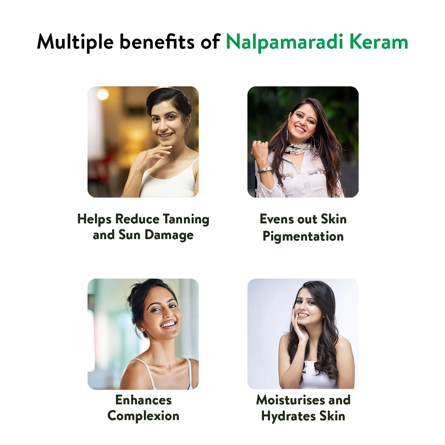 Benefits grid for Nalpamaradi Keram featuring four women and captions: reduces tanning & sun damage, evens pigmentation, enhances complexion, moisturises skin – Kerala Ayurveda India