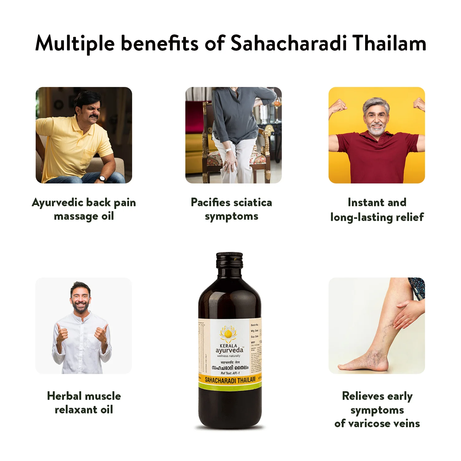 Benefits grid depicting Sahacharadi Thailam relieving back pain, sciatica, muscle tension and early varicose vein symptoms for quick and lasting comfort – Kerala Ayurveda India