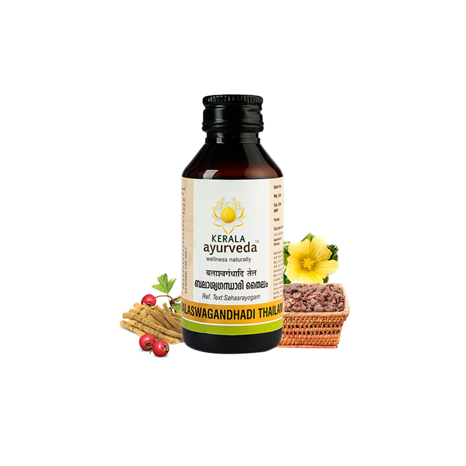 Hero product shot – Clean studio image of Balaswagandhadi Thailam bottle flanked by fresh bala blossom, ashwagandha roots with berries and a basket of laksha resin chunks – Kerala Ayurveda India
