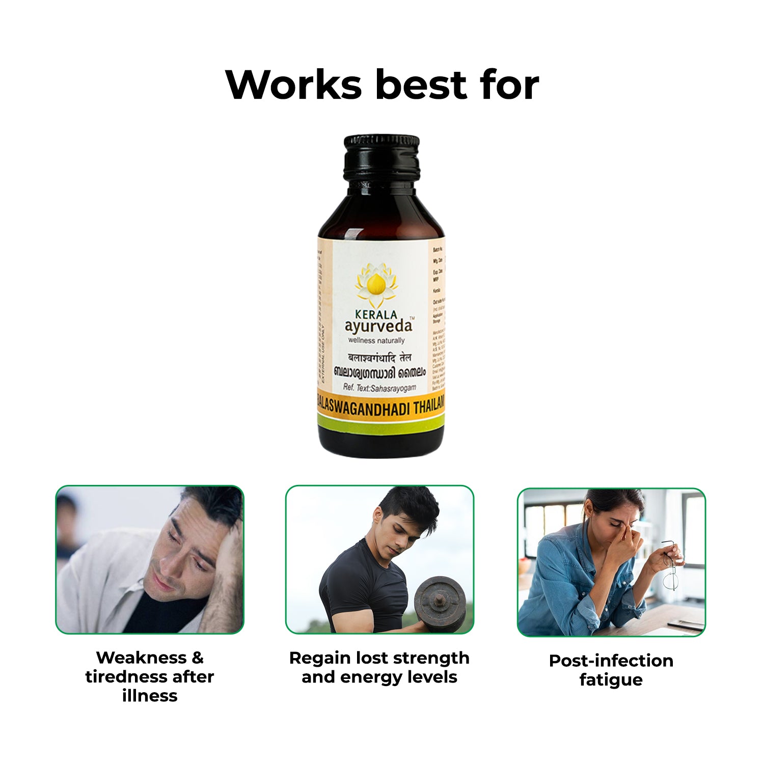 Works-best-for panel – Balaswagandhadi Thailam pictured with tiles for weakness after illness, energy recovery and post-infection fatigue, emphasising its role as a restorative muscle massage oil – Kerala Ayurveda India