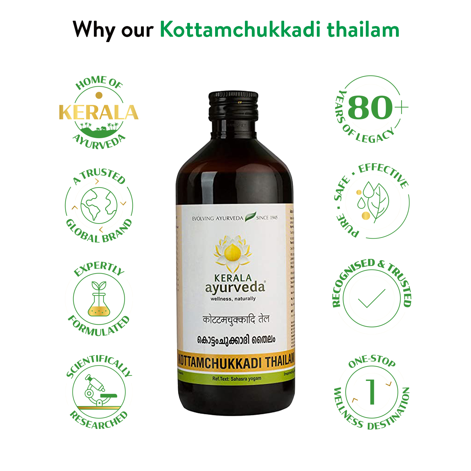 Why-choose-us seal: Bottle in the centre with quality badges (80 + years, trusted global brand, pure & safe) emphasising authenticity and clean formulation of the Vata balancing oil – Kerala Ayurveda India