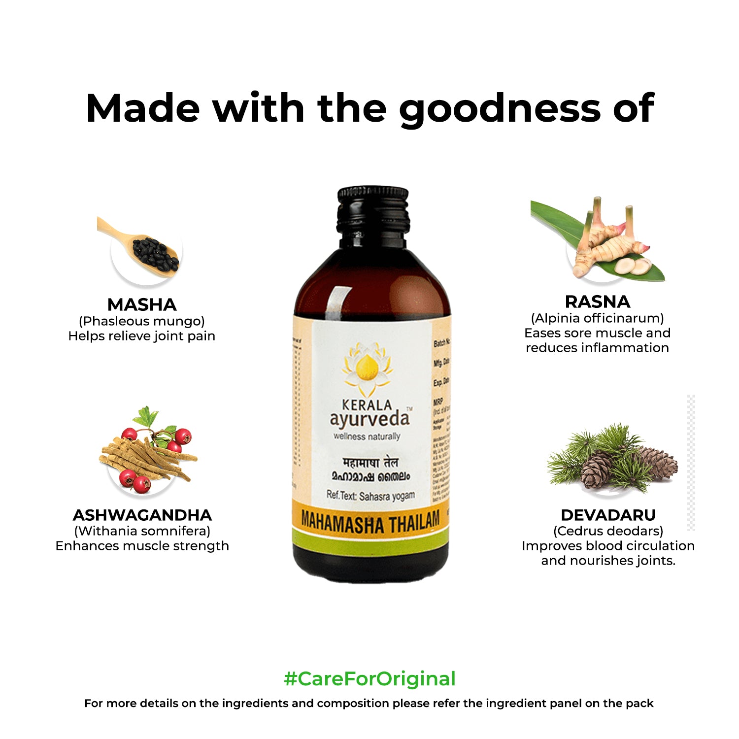 Banner titled "Made with the goodness of" Mahamasha Thailam, showcasing key ingredients like Masha (black gram), Rasna, Ashwagandha, and Devadaru, with their benefits for joint pain, muscle soreness, inflammation, and muscle/joint nourishment. – Kerala Ayurveda India