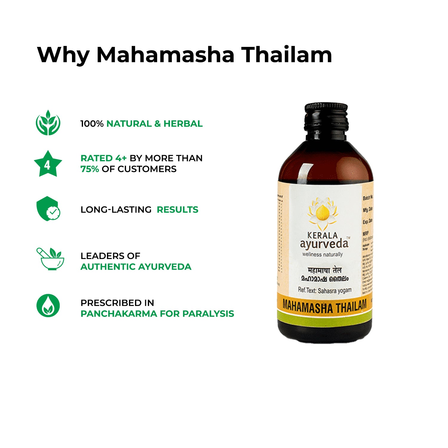 Banner titled "Why Mahamasha Thailam," listing its benefits such as being 100% natural & herbal, highly rated by customers, providing long-lasting results, being from authentic Ayurveda leaders, and being prescribed in Panchakarma for paralysis. – Kerala Ayurveda India