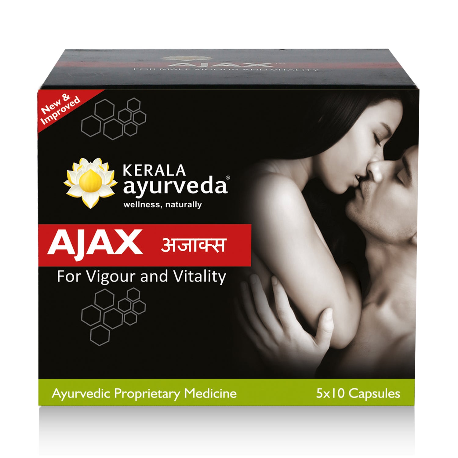 Front view of the Kerala Ayurveda Ajax Capsule box, featuring a black and red design with an illustration of a couple. The box states "New & Improved", "AJAX For Vigour and Vitality", and "Ayurvedic Proprietary Medicine 5x10 Capsules". – Kerala Ayurveda India