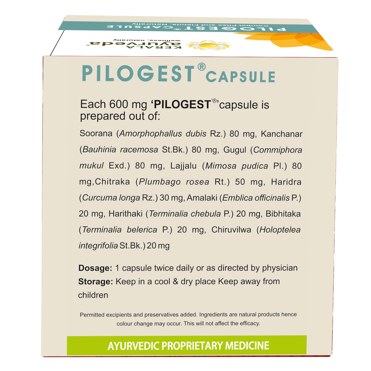 Side view of the Kerala Ayurveda Pilogest Capsule box, detailing the ingredients prepared per 600 mg capsule, including Soorana, Kanchanar, Guggul, and other herbal extracts, along with dosage and storage instructions. – Kerala Ayurveda India