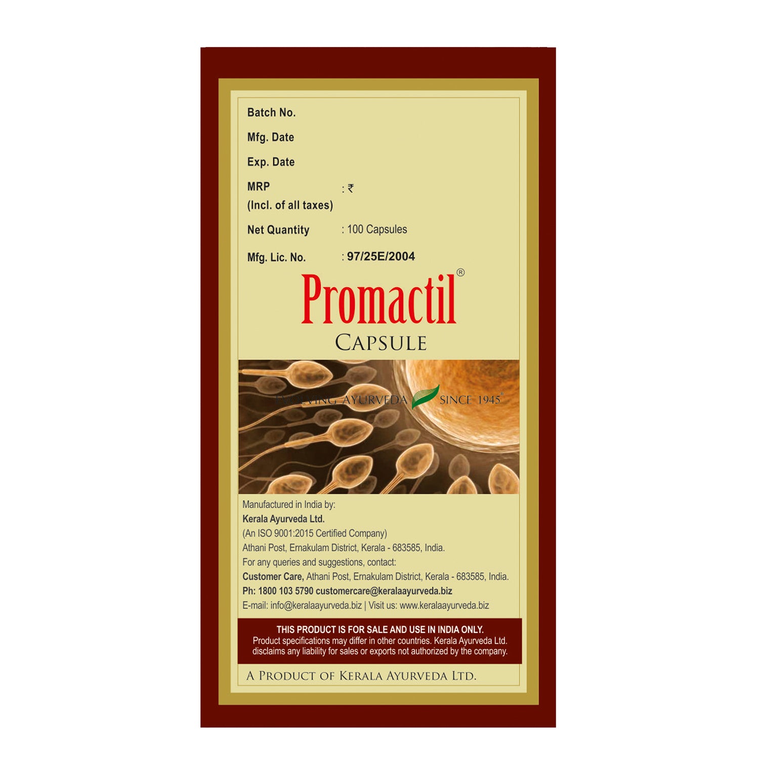 Side view of the Promactil Capsule box, showing the net quantity of 100 capsules, manufacturing details by Kerala Ayurveda Ltd., customer care contact, and a barcode. An illustration of sperm is visible. – Kerala Ayurveda India