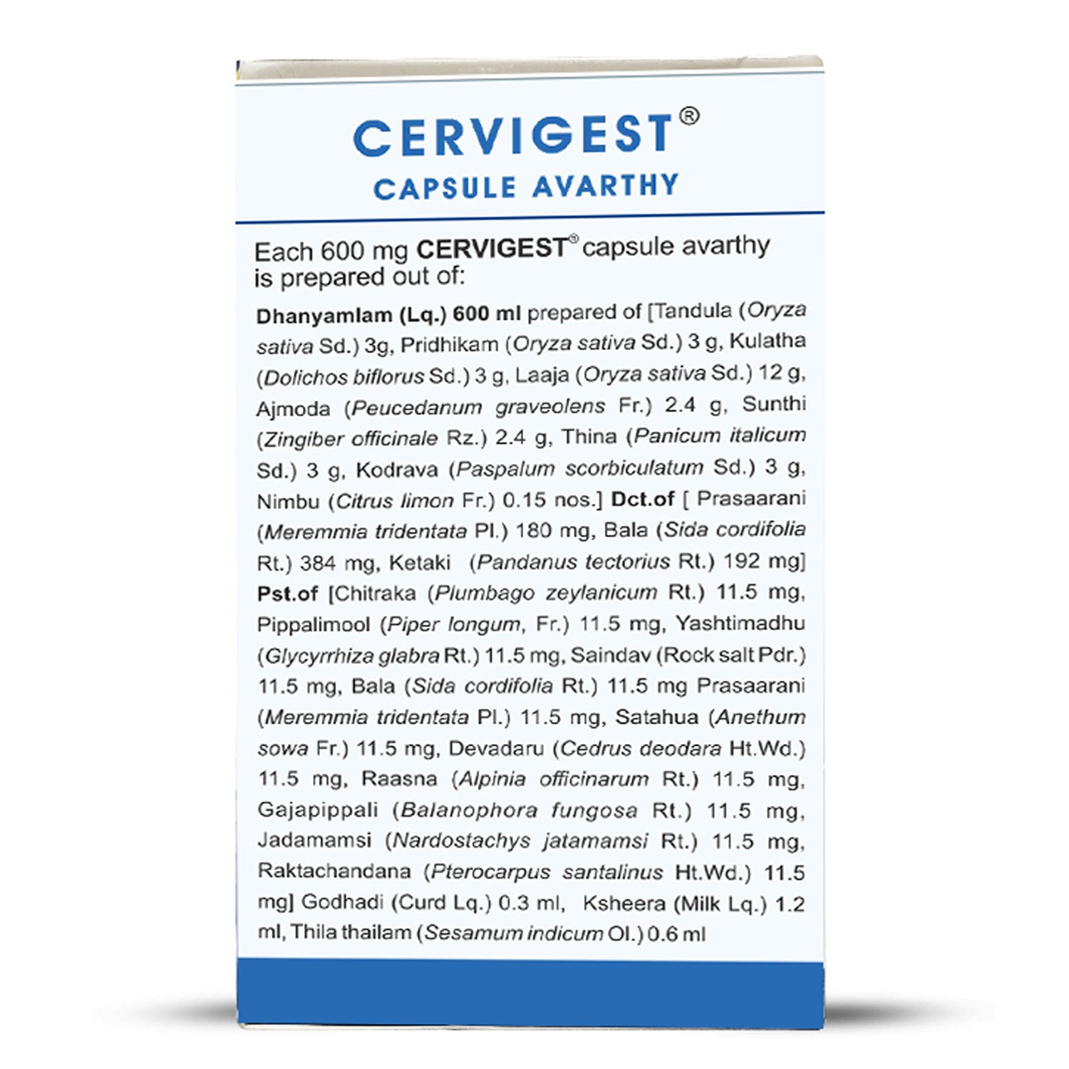 Side view of the Kerala Ayurveda Cervigest Capsule box, detailing the ingredients prepared per 600 mg capsule, including Dhanyamlam, Tandula, Kulatha, and various other herbal extracts. – Kerala Ayurveda India