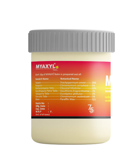 Side view of the Myaxyl Balm jar, showing a table of ingredients like Yavani, Karpura, and Mahanarayana Taila with their percentages, and fields for batch details. – Kerala Ayurveda India