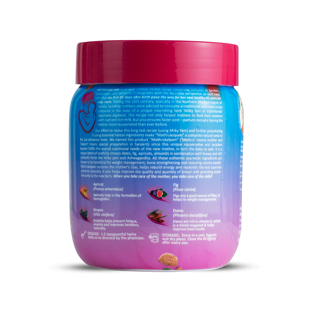 Side view of the Mathrukalpam jar, showing detailed product description, traditional herbal recipe, and benefits. It also lists key ingredients like Apricot, Fig, Grapes, and Dates with their benefits. – Kerala Ayurveda India