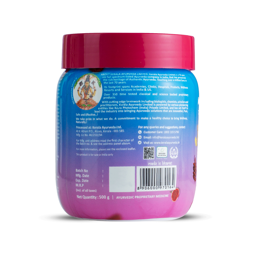 Back view of the Mathrukalpam jar, displaying net quantity 500g, manufacturing details by Kerala Ayurveda Ltd., customer care contact, and a barcode. – Kerala Ayurveda India