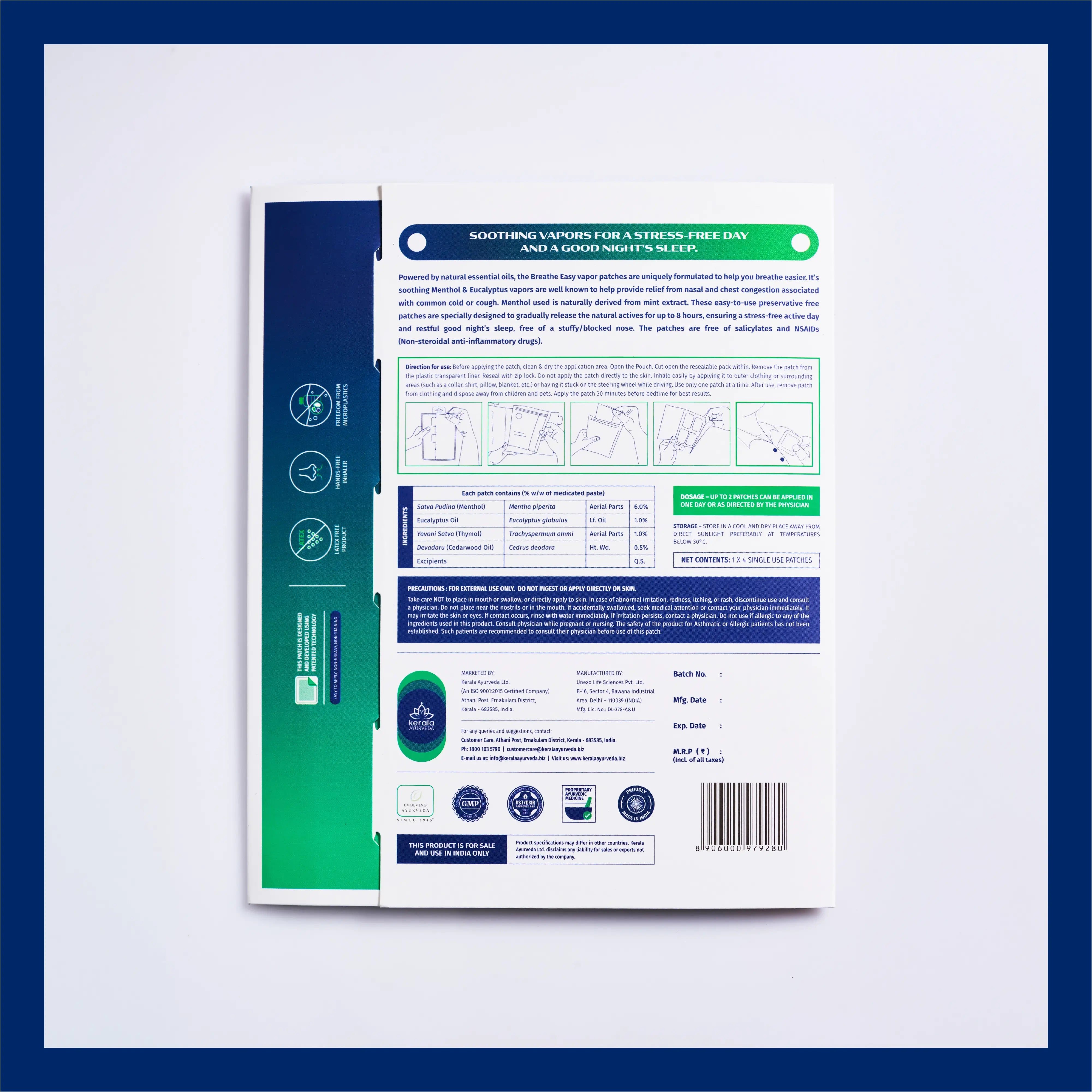 Back view of the Kerala Ayurveda Breathe Easy Vapour Patch packaging, displaying detailed information about the product's benefits for a stress-free day and good night's sleep, usage instructions with diagrams, ingredients table, precautions, and manufacturing details. – Kerala Ayurveda India