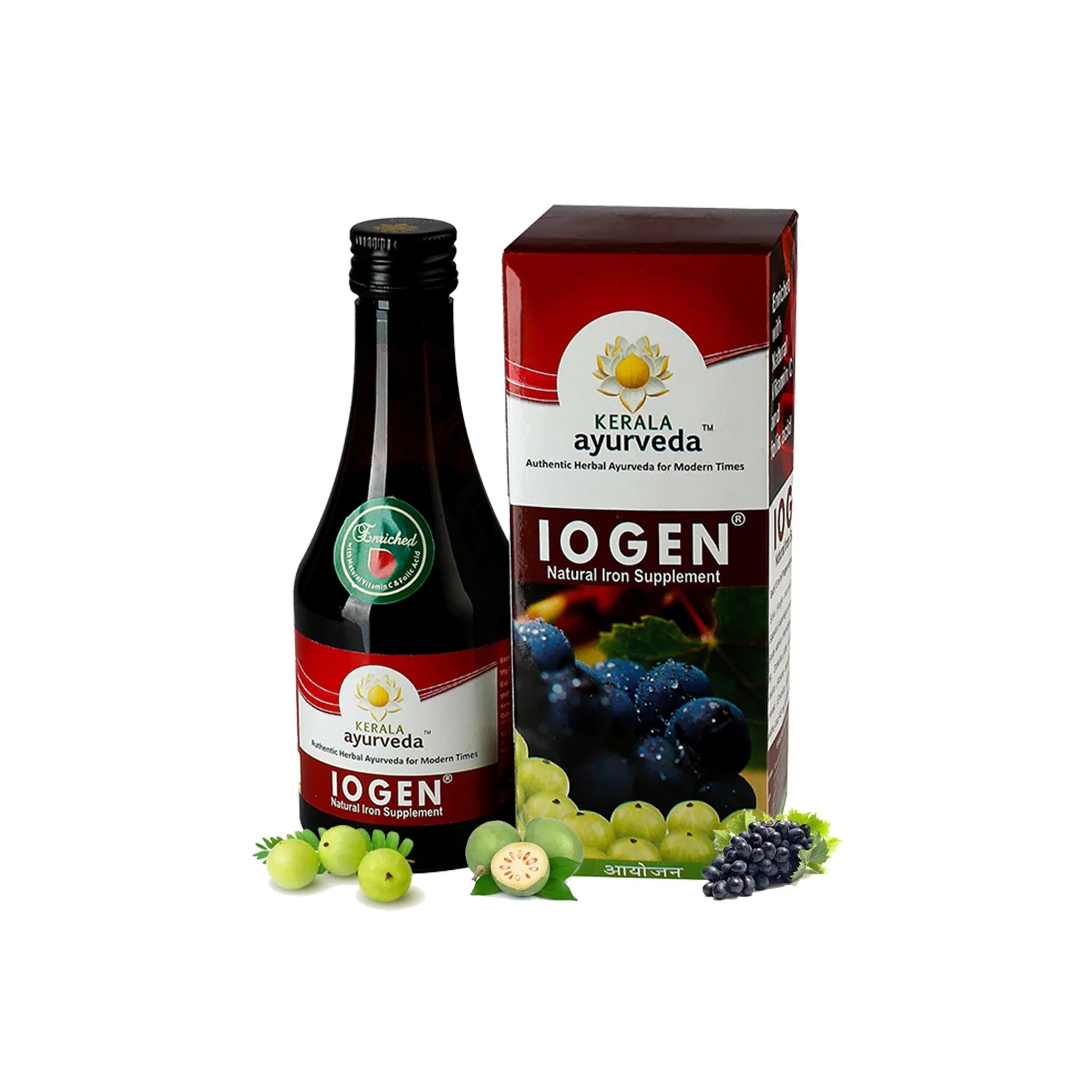 Front view of the Kerala Ayurveda Iogen Syrup bottle and its red box, presented with fresh grapes and gooseberries. The label highlights "Natural Iron Supplement." – Kerala Ayurveda India