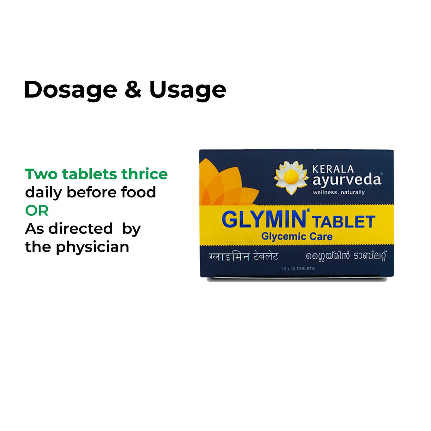 Banner titled "Dosage & Usage" for Glymin Tablet, showing the product box and recommending two tablets thrice daily before food or as directed by a physician. – Kerala Ayurveda India