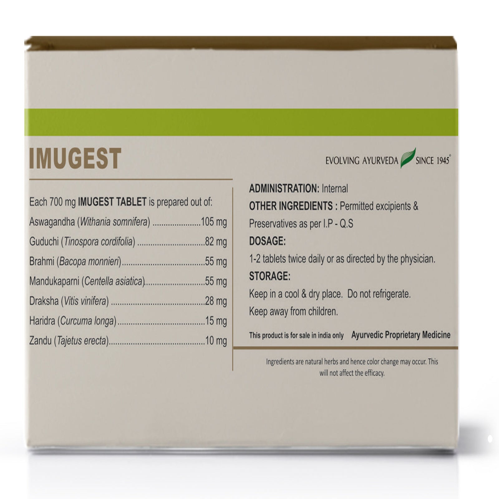 Back panel of Imugest tablet pack showing herbal ingredient list, dosage, storage instructions and Ayurveda proprietary notice – Kerala Ayurveda India