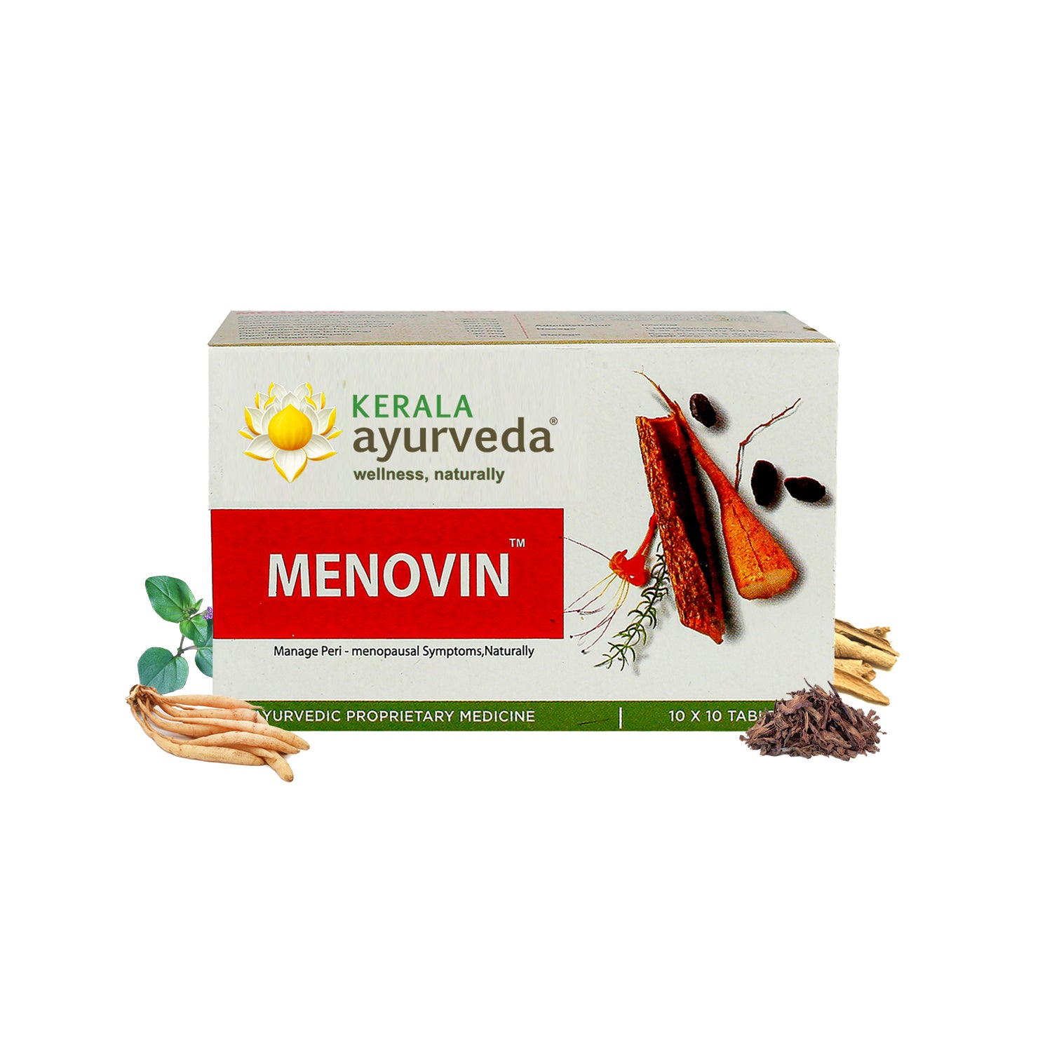 Front view of the Kerala Ayurveda Menovin Tablet box, displaying the product name, "Manage Peri-menopausal Symptoms, Naturally", and "10 x 10 TABLETS", with illustrations of herbs. – Kerala Ayurveda India