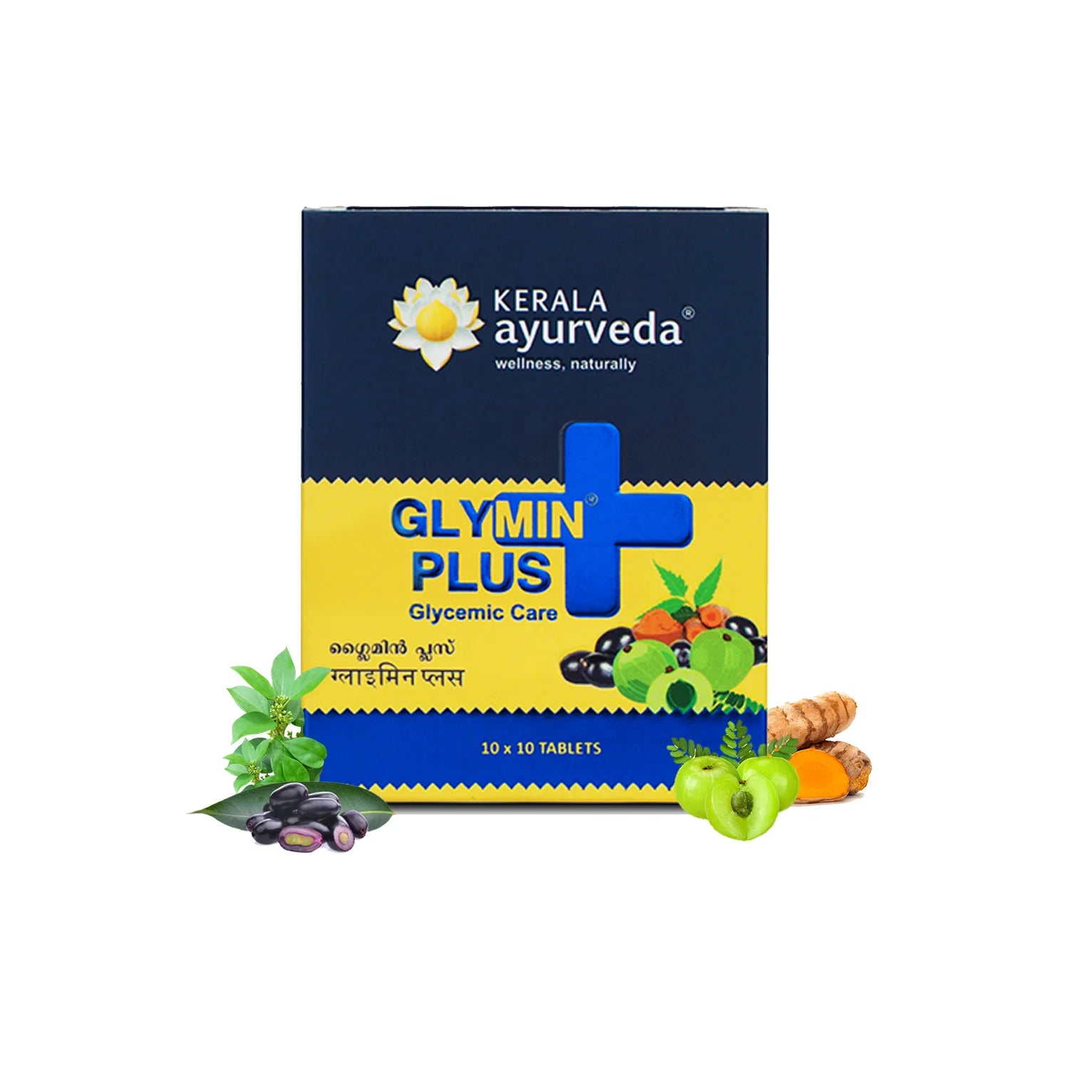 Front view of the Kerala Ayurveda Glymin Plus Tablets box, featuring the product name, "Glycemic Care," and illustrations of key ingredients like Jambu fruit and turmeric. – Kerala Ayurveda India