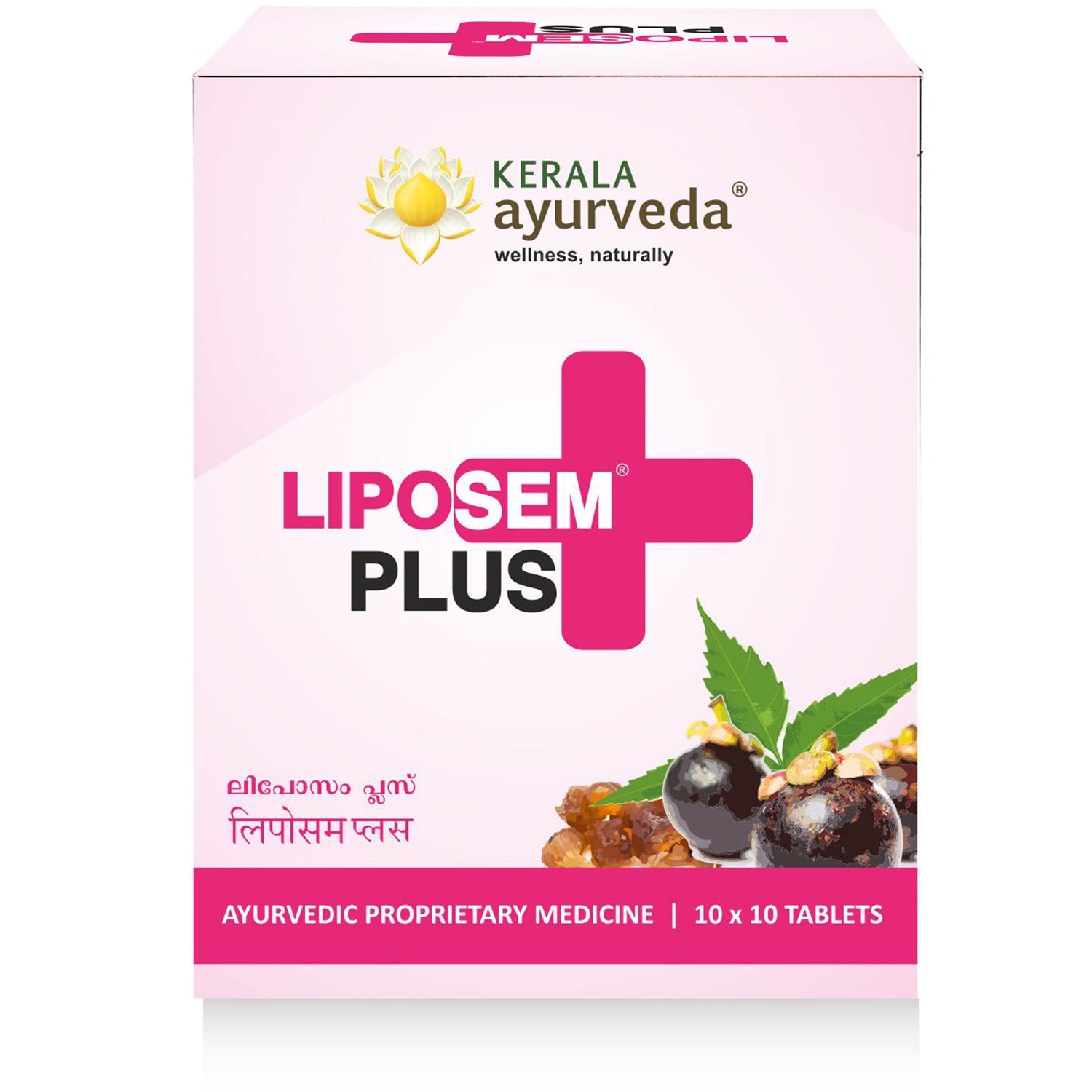 Front view of the Kerala Ayurveda Liposem Plus Tablet box, featuring the product name, company logo, and an illustration of medicinal ingredients like mangosteen. The box indicates "Ayurvedic Proprietary Medicine | 10 x 10 TABLETS". – Kerala Ayurveda India
