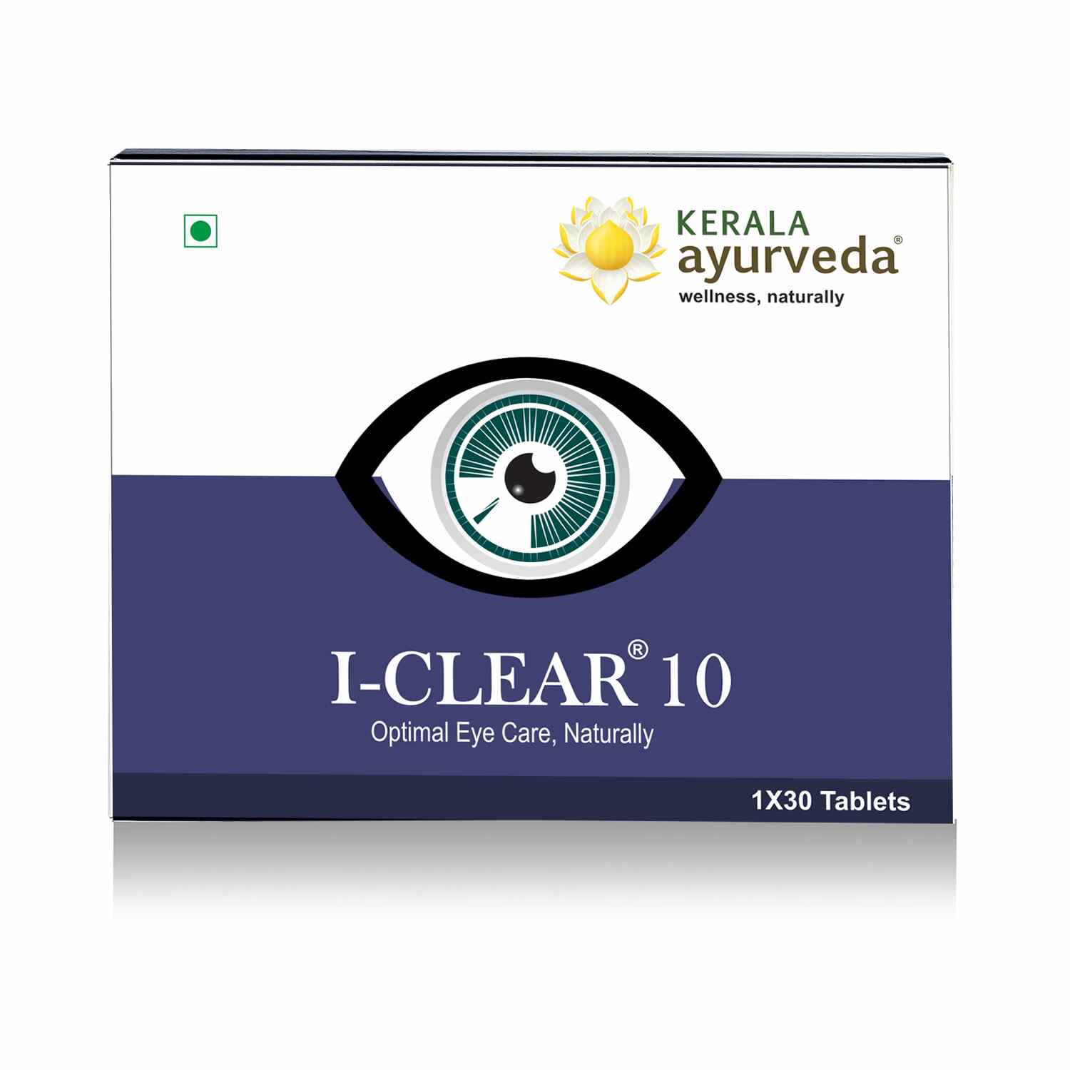 Front view of the Kerala Ayurveda I-Clear 10 box, with a dark blue and white design featuring a large eye icon. The product name "I-CLEAR® 10 Optimal Eye Care, Naturally" and "1X30 Tablets" are visible. – Kerala Ayurveda India