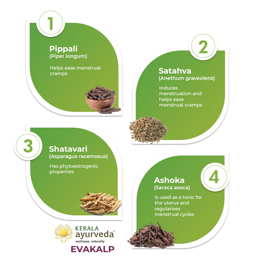 Banner illustrating key ingredients of Evakalp Tablet: Pippali, Satahva, Shatavari, and Ashoka, detailing their benefits for menstrual cramps, inducing menstruation, phytoestrogenic properties, and toning the uterus. – Kerala Ayurveda India