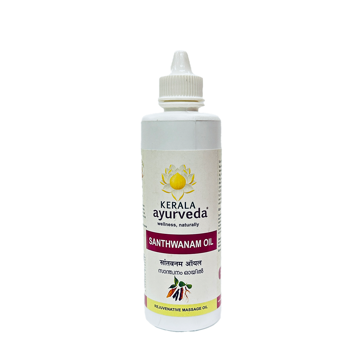 Front view of a white plastic bottle of Kerala Ayurveda Santhwanam Oil with a dropper top. The label features the Kerala Ayurveda logo, "SANTHWANAM OIL" in English and regional script, and the subtitle "REJUVENATIVE MASSAGE OIL". – Kerala Ayurveda India
