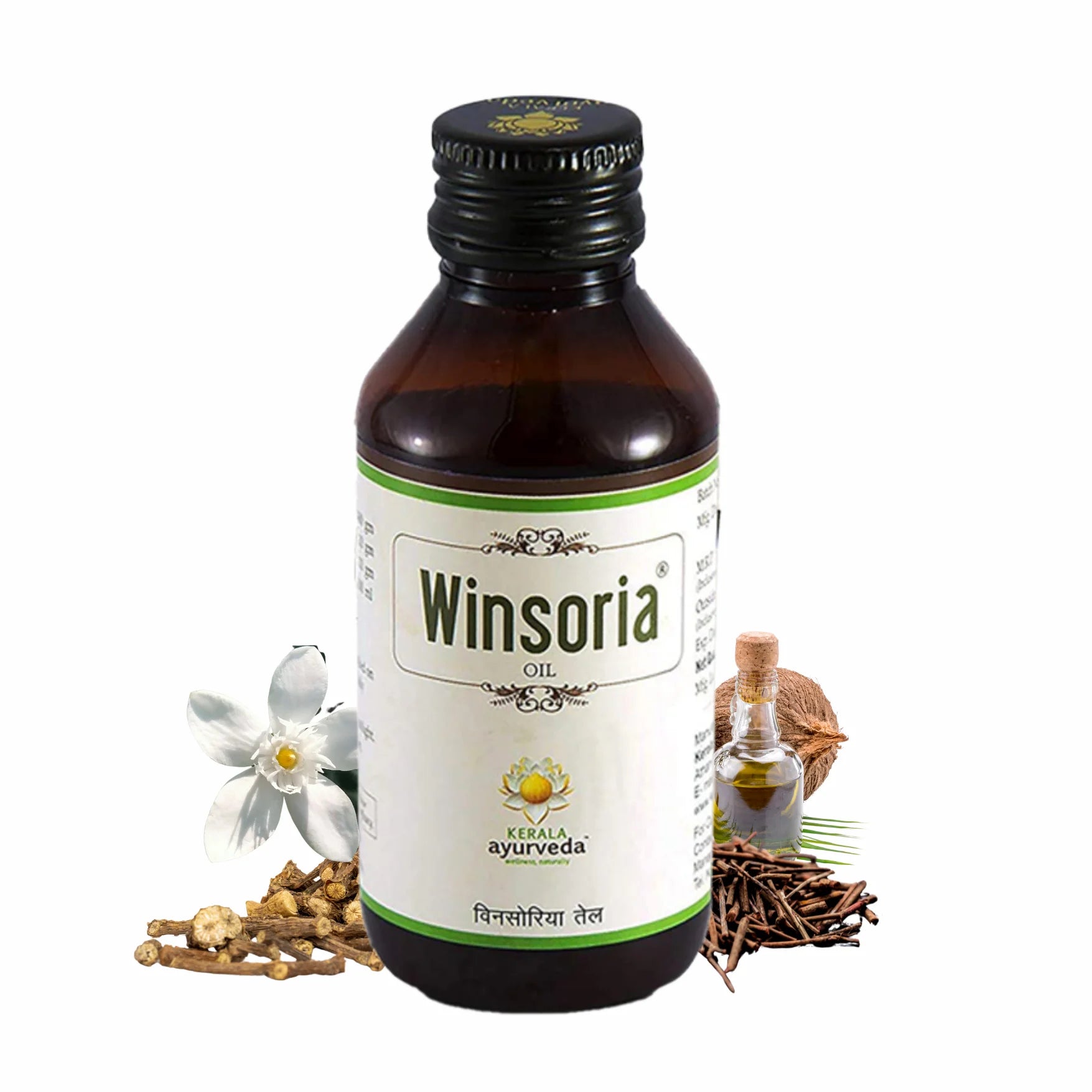 Winsoria Oil bottle surrounded by Vidpala flower, Sariba roots, Manjishta sticks and coconut oil, highlighting herbal purity – Kerala Ayurveda India