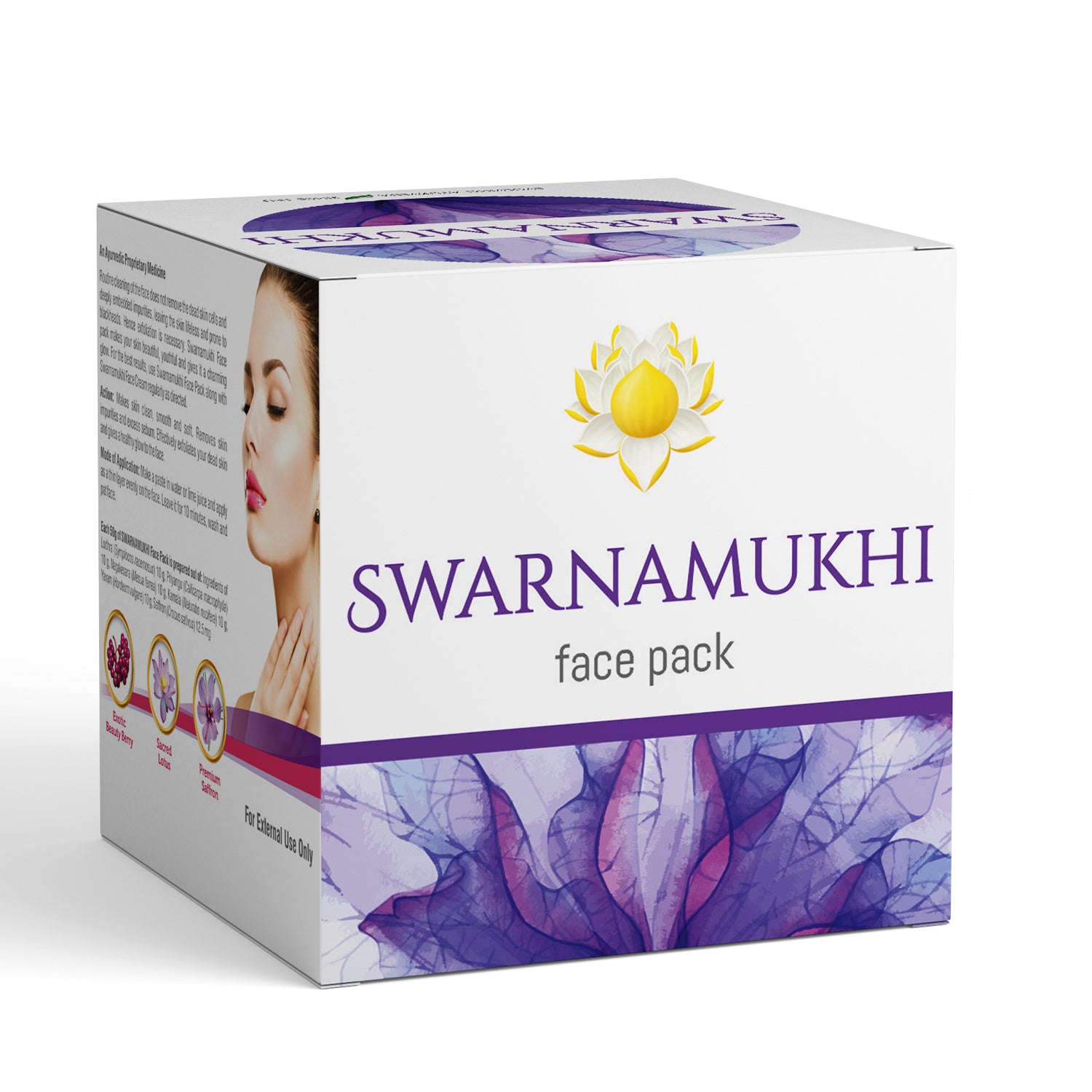 Angled front view of the Kerala Ayurveda Swarnamukhi Face Pack box, showing a depiction of purple lotus petals on its side. The front displays the product name and brand logo. – Kerala Ayurveda India