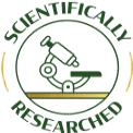 Logo featuring a microscope with the words "Scientifically Researched" in a circular design.