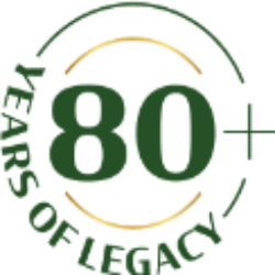 80+ years of legacy graphic with green and gold text.