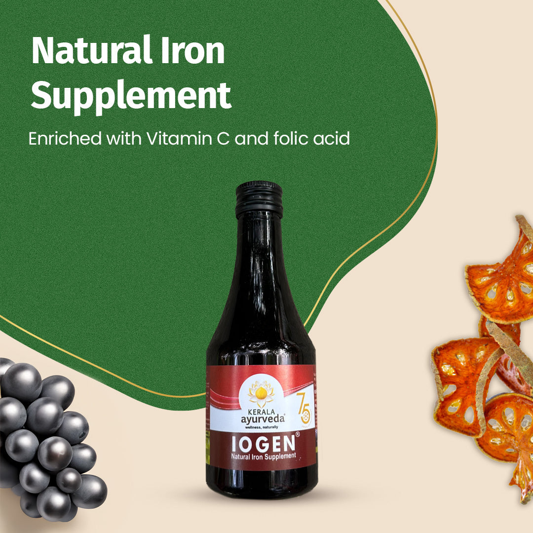 Banner promoting Iogen Syrup as a "Natural Iron Supplement," enriched with Vitamin C and folic acid, featuring the bottle alongside dried Bilva fruit and grapes. – Kerala Ayurveda India
