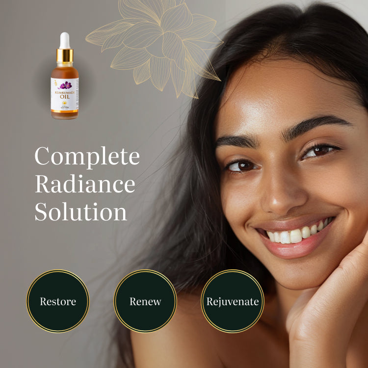 Banner for Kerala Ayurveda Kumkumadi Thailam, titled "Complete Radiance Solution." It features a smiling woman with a small bottle of the oil and three circular icons with the words "Restore," "Renew," and "Rejuvenate." – Kerala Ayurveda India