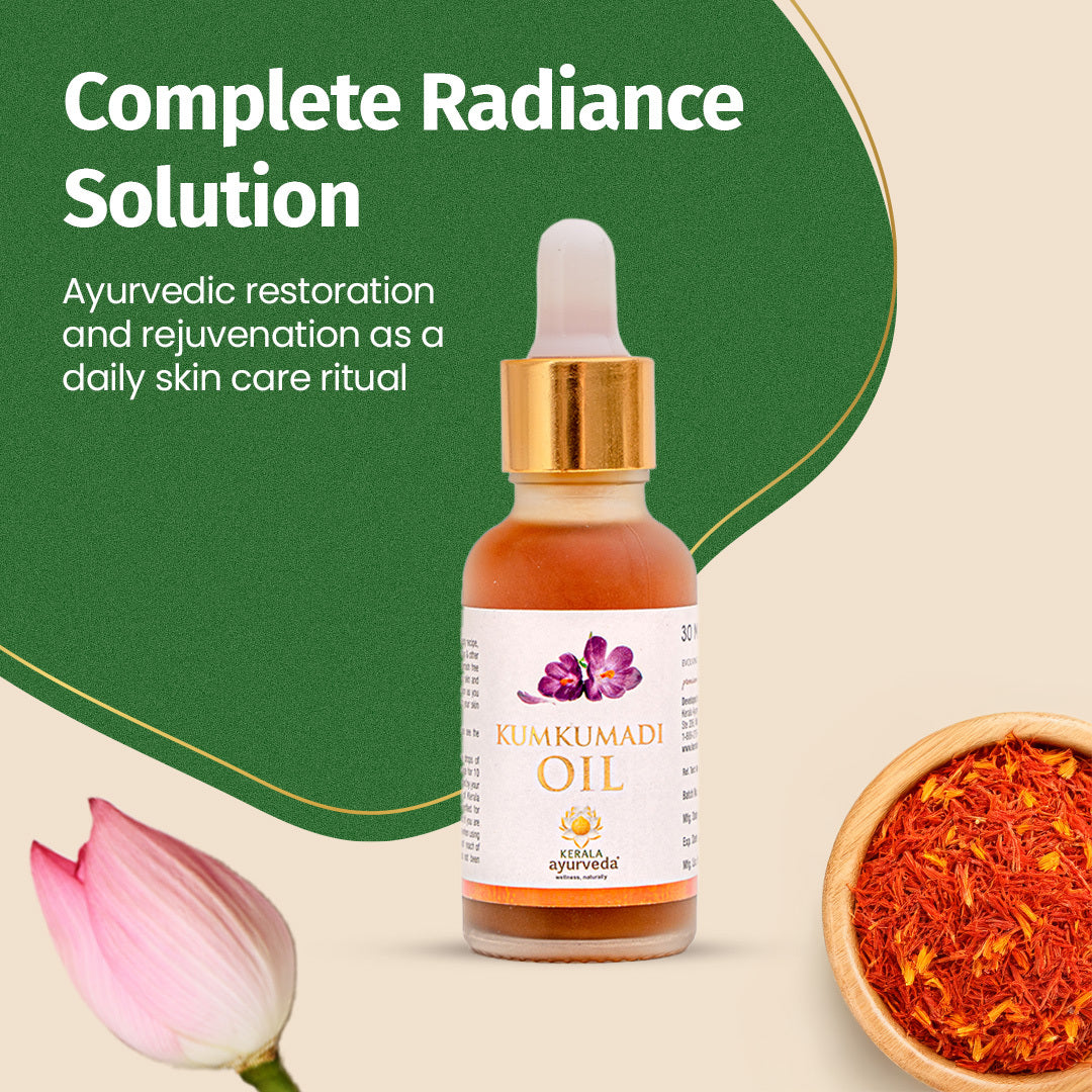 Front view of a small bottle of Kerala Ayurveda Kumkumadi Oil on a table with a pink lotus flower and a wooden bowl of saffron threads. The text "Complete Radiance Solution" and "Ayurvedic restoration and rejuvenation as a daily skin care ritual" are visible. – Kerala Ayurveda India