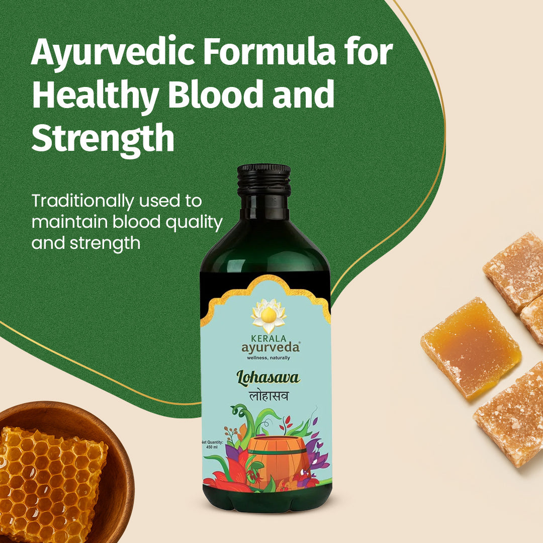 Banner promoting Lohasava as an "Ayurvedic Formula for Healthy Blood and Strength," featuring the product bottle alongside honeycomb and jaggery, traditionally used to maintain blood quality and strength. – Kerala Ayurveda India