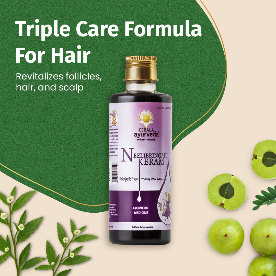 Neelibringadi Keram Ayurvedic hair oil bottle, triple care formula that revitalizes follicles, hair and scalp with amla and bhringraj – Kerala Ayurveda India