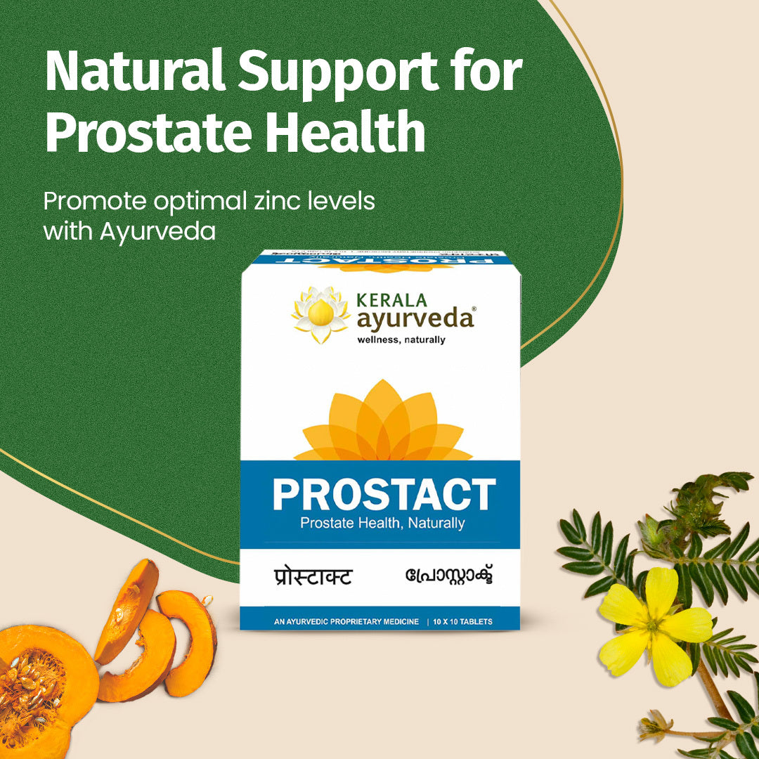 Lifestyle banner: headline “Natural Support for Prostate Health,” pack shot of PROSTACT tablets surrounded by pumpkin slices and Tribulus vine, highlighting Ayurvedic zinc support.