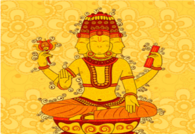 A detailed illustration of a multi-armed deity seated on a lotus, set against a yellow floral background.