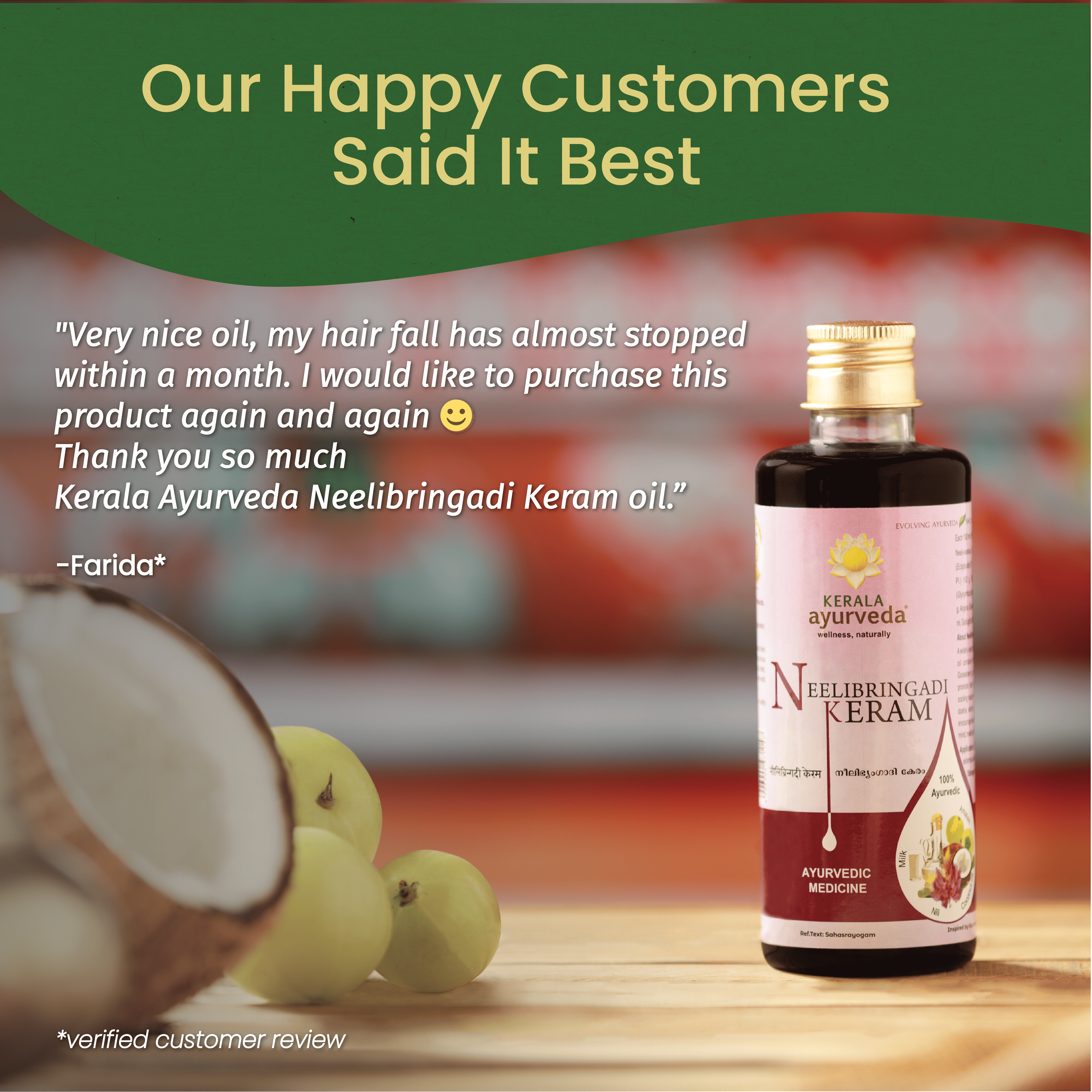 Neelibringadi Keram hair oil bottle with amla and coconut in foreground, featuring customer review about less hair fall – Kerala Ayurveda India