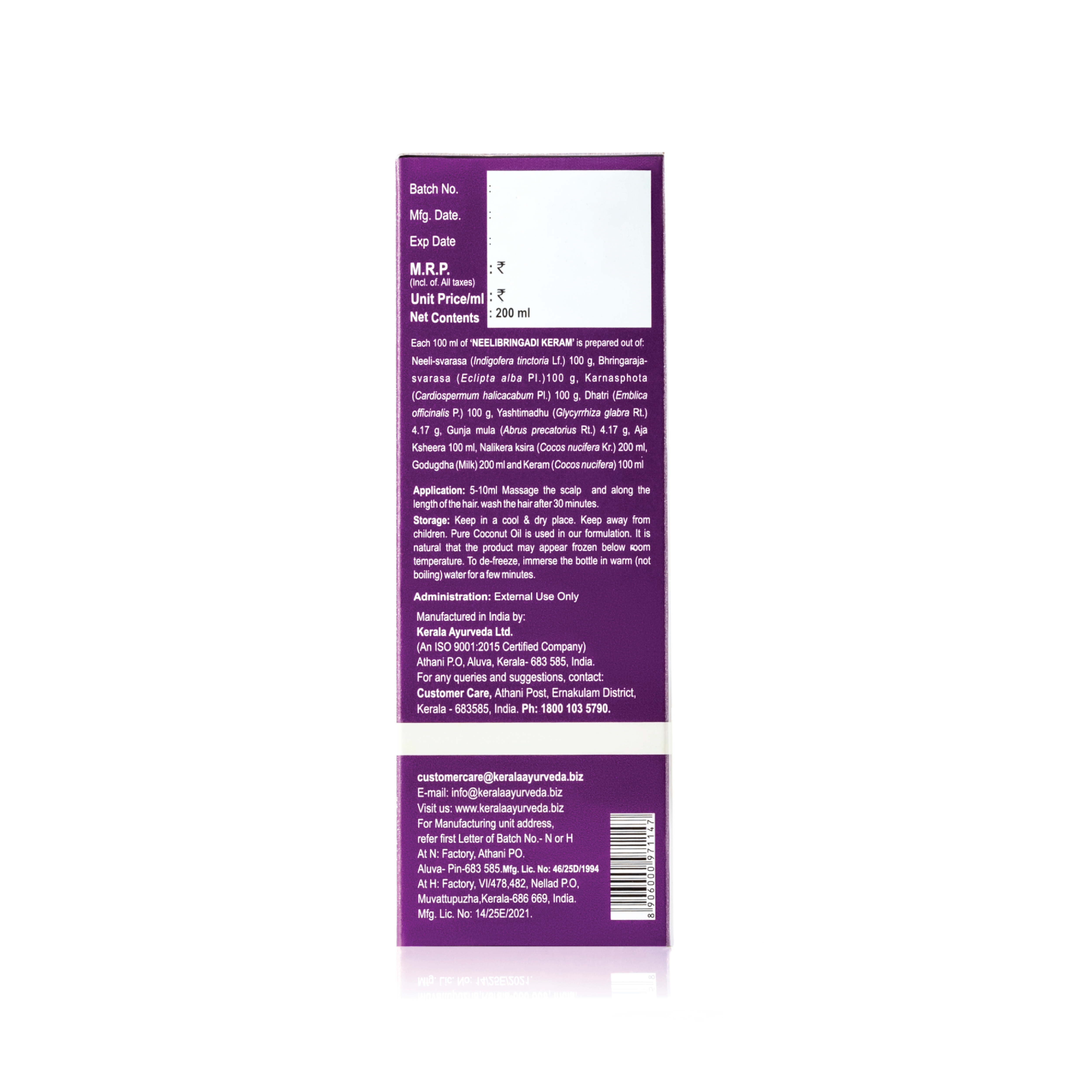 Neelibringadi Keram hair oil carton side panel showing batch number, ingredients, usage directions and barcode – Kerala Ayurveda India
